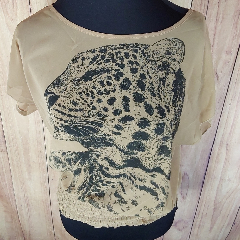 L8ter Taupe Cheetah Graphic Top With Boatneck, Flutter Sleeves And Elastic Waist